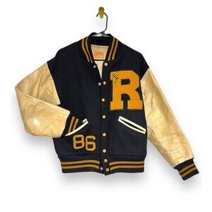Vintage 60s Kandel Varsity Letterman Jacket Wool Leather Black & Gold Sz 38